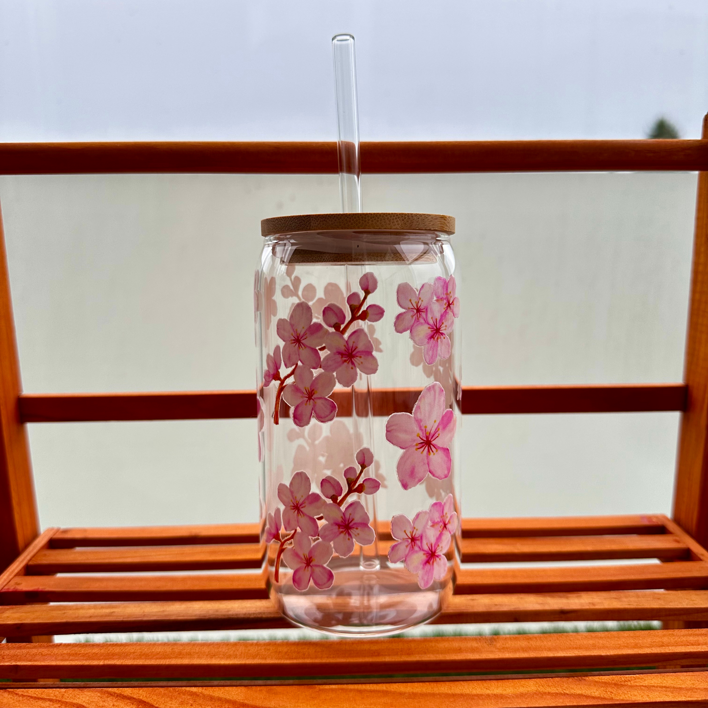 Cherry Blossom Iced Coffee Glass With Bamboo Lid and Glass Straw