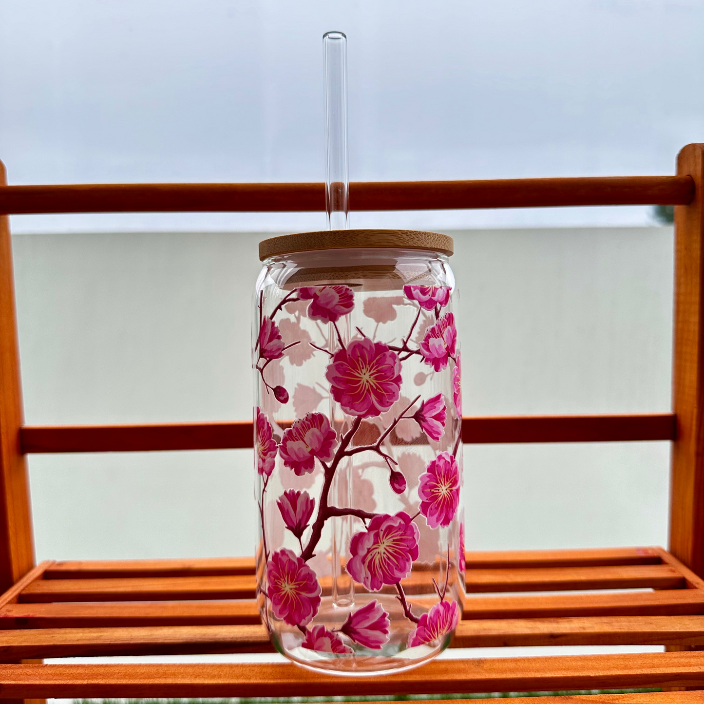 Cherry Blossom Iced Coffee Glass With Bamboo Lid and Glass Straw