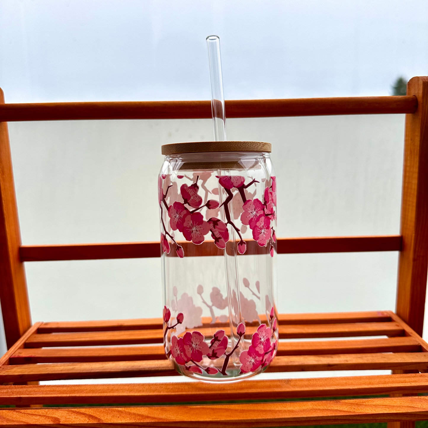 Cherry Blossom Iced Coffee Glass With Bamboo Lid and Glass Straw