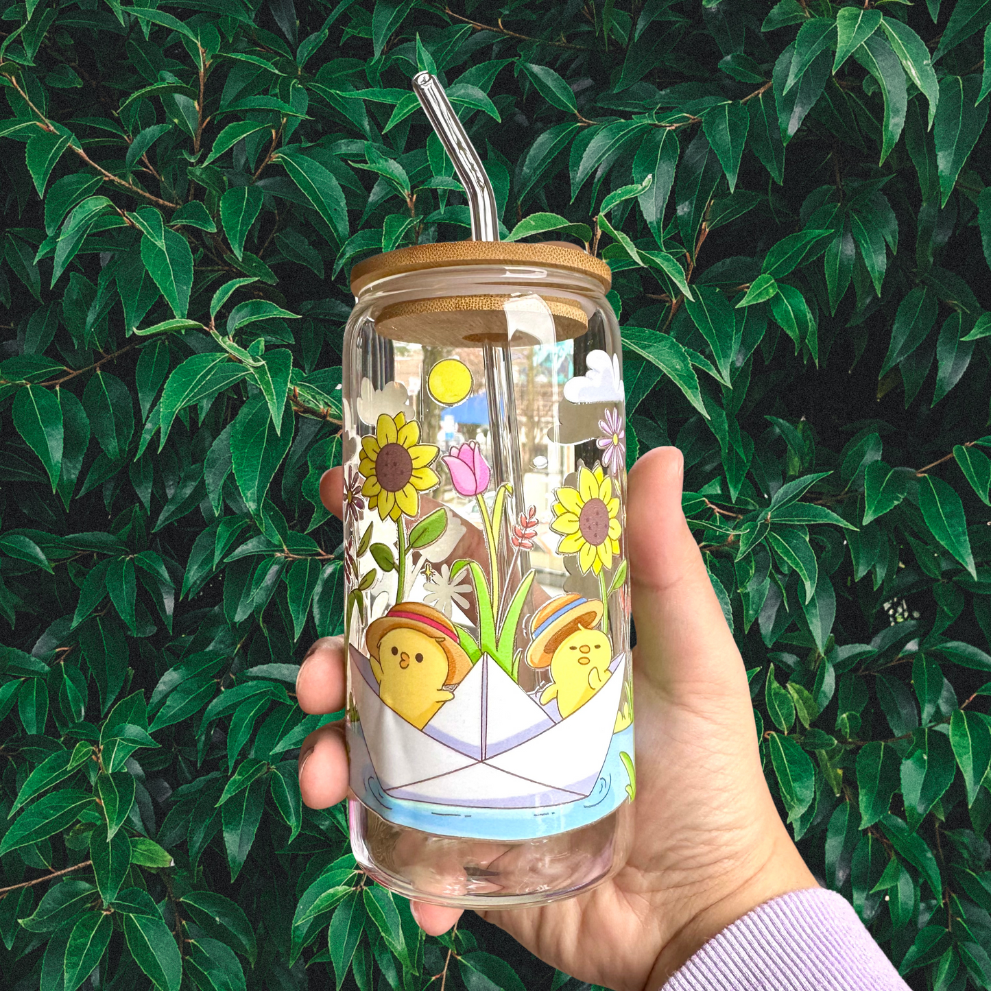 Kawaii Iced Coffee Glass With Bamboo Lid and Glass Straw