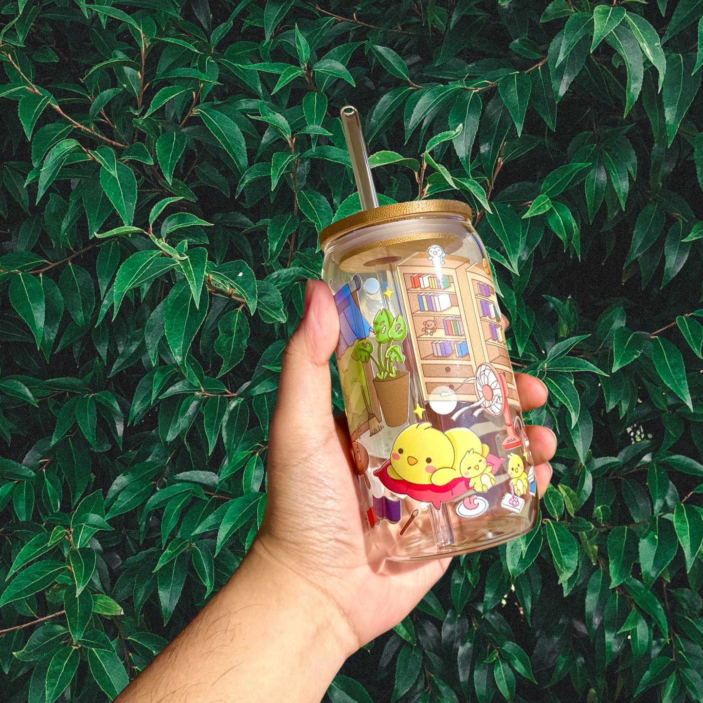 Kawaii Iced Coffee Glass With Bamboo Lid and Glass Straw