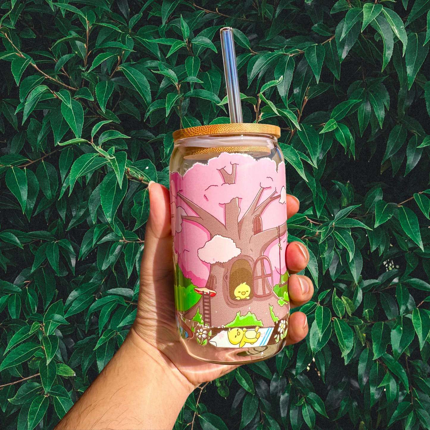 Kawaii Iced Coffee Glass With Bamboo Lid and Glass Straw