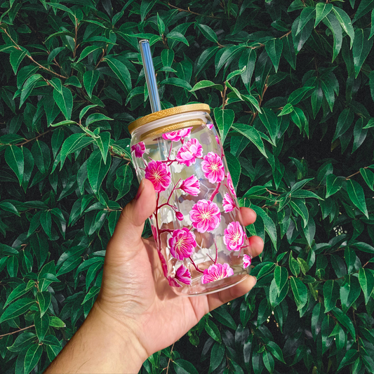 Cherry Blossom Iced Coffee Glass With Bamboo Lid and Glass Straw