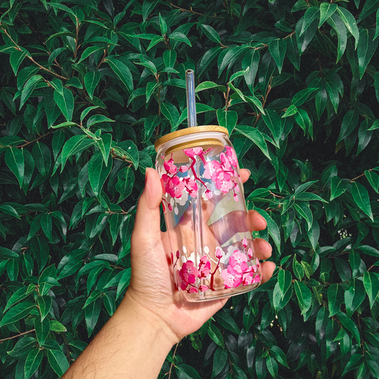 Cherry Blossom Iced Coffee Glass With Bamboo Lid and Glass Straw