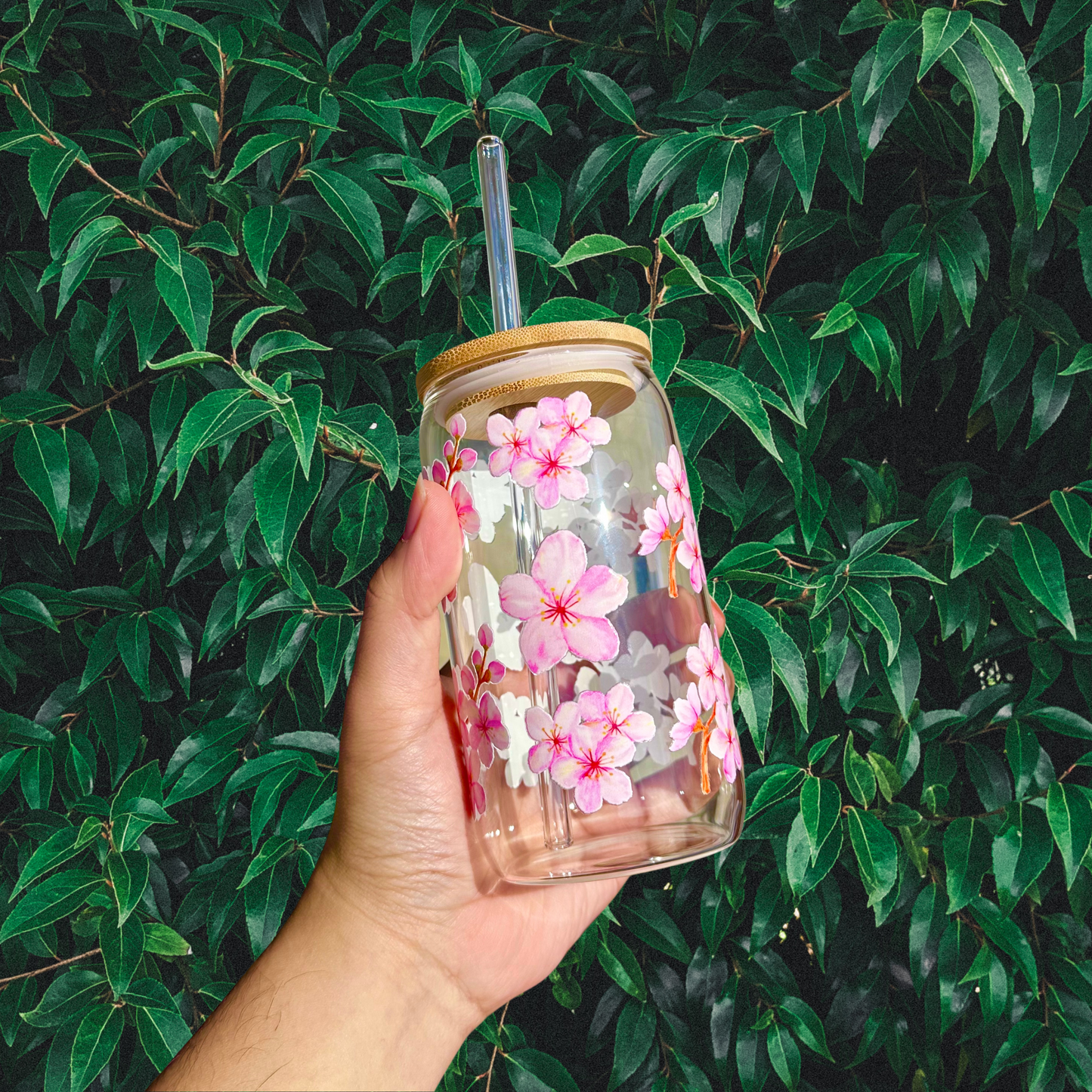 Cherry Blossom Iced Coffee Glass With Bamboo Lid and Glass Straw