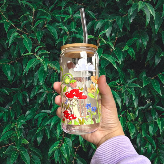 Kawaii Iced Coffee Glass With Bamboo Lid and Glass Straw