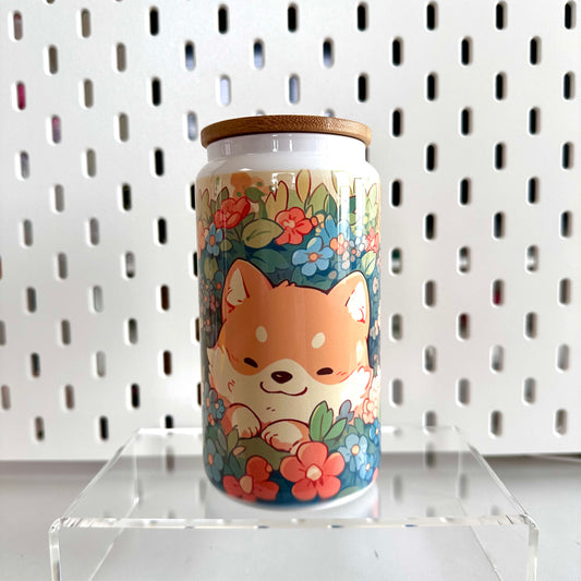 Kawaii Puppy Iced Coffee Glass With Bamboo Lid and Straw