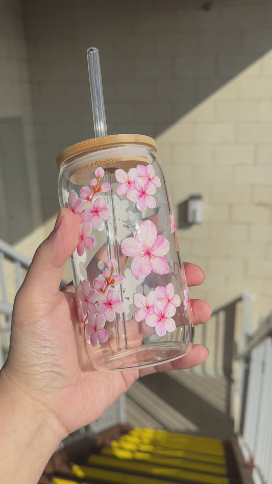 Cherry Blossom Iced Coffee Glass With Bamboo Lid and Glass Straw