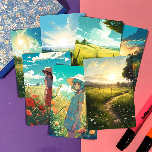 Summer themed Grass land in Kawaii Aesthetic/Manga Anime Illustration Style Art Print Mini Poster | Lo-fi, Ko-fi | Wall, Desk, Table Decor